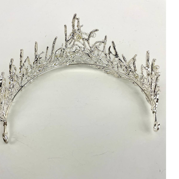Clear Rhinestone Pearl Bead Silver Tone Metal Bridal Tiara Crown NEW - Picture 8 of 16